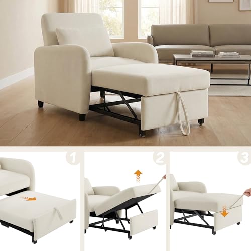 CHITA Sleeper Chair, Pull Out 3-in-1 Convertible Single Sofa Bed Chair with Adjustable Backrest, Chenille Chaise Lounge Chair for Living Room, Bedroom & Apartment - color: Cream