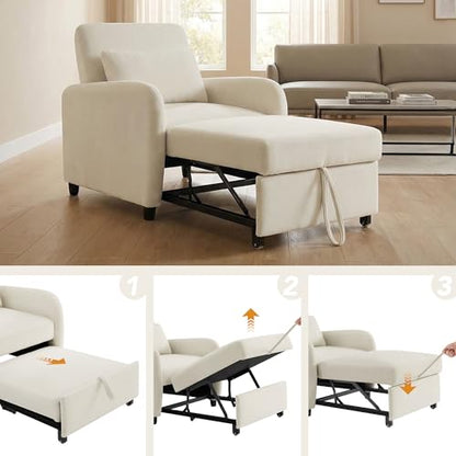 CHITA Sleeper Chair, Pull Out 3-in-1 Convertible Single Sofa Bed Chair with Adjustable Backrest, Chenille Chaise Lounge Chair for Living Room, Bedroom & Apartment - color: Cream