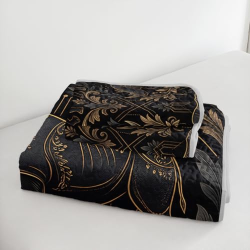 AILONEN Damask Elephant Queen Quilted Comforter Set, Black Gold Printed Bedding with 2 Pillowcases, Microfiber Filling, Master Family Bedroom - color: Black Striped Elephant, size: Queen