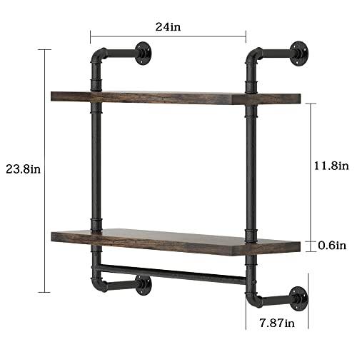 Helsin 24inch Industrial Pipe Shelving Bathroom Shelves Wall Mounted with Towel bar, 2 Tier Rustic Wood Floating Shelf, Metal Towel Rack Wall Shelf for Home & Bathroom (Brown, 24inch) - color: Brown, size: 24inch