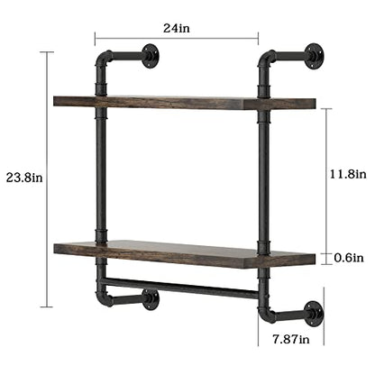 Helsin 24inch Industrial Pipe Shelving Bathroom Shelves Wall Mounted with Towel bar, 2 Tier Rustic Wood Floating Shelf, Metal Towel Rack Wall Shelf for Home & Bathroom (Brown, 24inch) - color: Brown, size: 24inch
