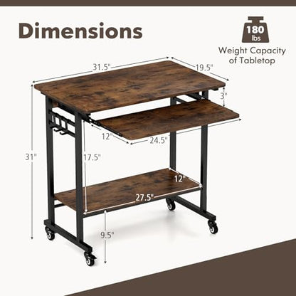 Tangkula Rolling Computer Desk Cart with Keyboard Tray, Mobile Portable Laptop PC Desk with CPU Stand & 3 Hooks for Sofa & Bed, Industrial Small Desk on Wheels for Small Spaces, Home Office Desk - color: Rustic Brown