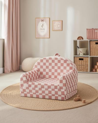 Blissful Diary Kids Couch, 2-in-1 Soft Kids Sofa, Kids Sofa Chair, Comfy Kids Furniture for Playroom, Reading & Play, Checkered Blush - color: Checkered Blush