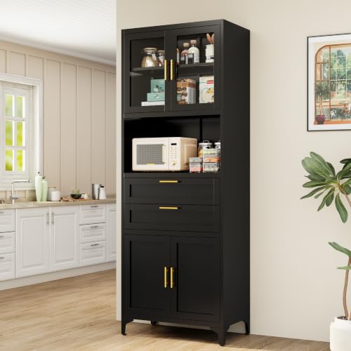 71" Kitchen Pantry Cabinet, Metal Storage Cabinet with 2 Drawers and Adjustable Shelves, Freestanding Cupboard for Kitchen,Office, Black - color: Black, size: 71"H-BT