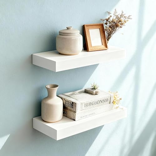 Floating Shelves for Wall(Set of 2)-16 Inch White Wood Wall Shelf with Invisible Brackets for Bathroom,Bedroom,Drawingroom,Kitchen for Decor(White 2pcs) - color: White, size: 7.8"D x 16"W x 1.73"H