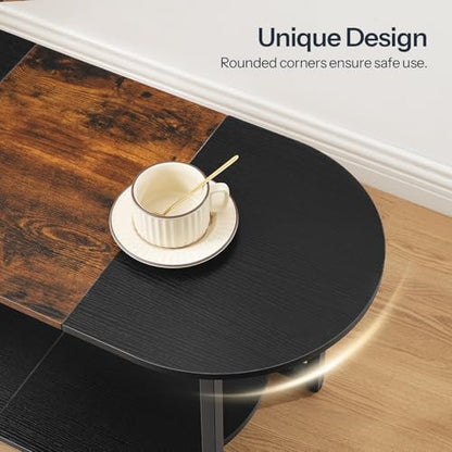 HOOBRO Coffee Table for Living Room, Oval Small Coffee Table with 2-Tier Open Storage Shelf, Industrial Cocktail Tea Table, Wooden Desktop Center Table, Home Office, Rustic Brown and Black BFK09KF01 - color: Rustic Brown and Black
