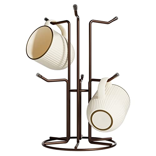 HULISEN Mug Tree for Large Cups, 6 Hook Countertop Coffee Mug Holder, Brown | Cup Rack for Counter, Stable Wide Base, Metal Stand for Kitchen Coffee Bar Display, Space-Saving, No Assembly Required - color: Brown