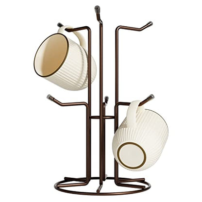 HULISEN Mug Tree for Large Cups, 6 Hook Countertop Coffee Mug Holder, Brown | Cup Rack for Counter, Stable Wide Base, Metal Stand for Kitchen Coffee Bar Display, Space-Saving, No Assembly Required - color: Brown