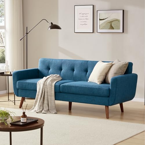 Tbfit 77.2" W Linen Sofa Couch, Mid Century Modern Decor Loveseat Couches for Living Room, Button Tufted Upholstered Small Couch for Bedroom, Solid, and Easy to Install Love Seats Furniture, Blue - color: Blue, size: 78 inch
