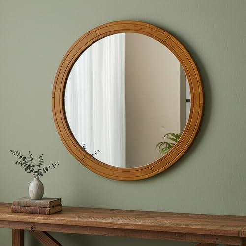 30 Inch Round Wood Wall Mirror, Farmhouse Rustic Circle Mirror, Wall Mounted Decorative Mirror for Bathroom Vanity, Living Room, Entryway, Bedroom, Vanity, Hallway - color: Walnut-3, size: 29.9"L x 29.9"W