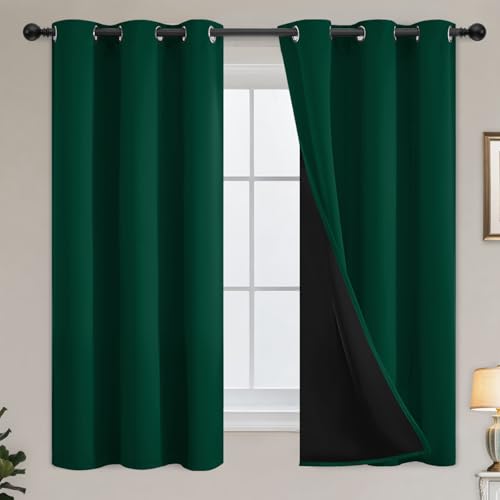 Yakamok Emerald Green Blackout Curtains 63 inches for Living Room, 38" Wide | Thermal Insulated Window Treatment Total Blocking Panels with Black Liner for Living Room/Dining Room Grommet Top 2 Panels - color: Emerald Green, size: 38"W x 63"L (Pack of 2)
