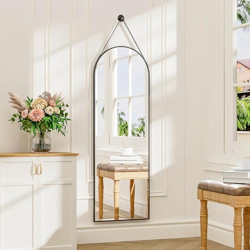 Dewfig 48"x16" Arched Full Length Mirror, Wall Mirror, Leather Strap, Black | Hanging Mirror with Aluminum Frame, Leaning/Hanging/Wall-Mounted, Suitable for Bedroom, Livingroom, Entryway, Home Decor - color: Black-arched, size: 48"L x 16"W