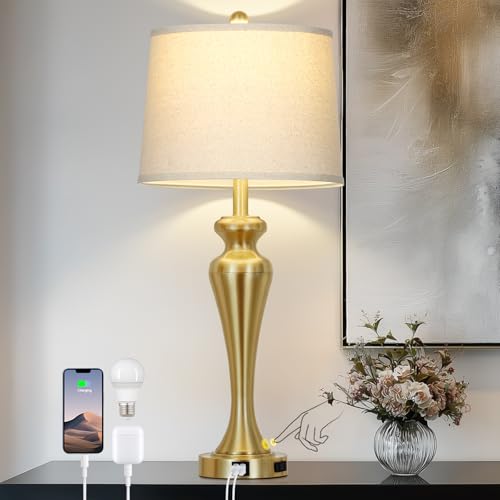 CINSARY 30 Inch Tall Gold Table Lamp Single for Living Room, Touch Control Bedside Lamp for Nightstand, 3-Way Dimmable Bedroom Lamps with USB A+C Ports and AC Outlet, Metal Brass Table Lamps - color: Gold (1 Pack)