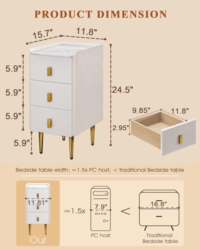 Narrow Nightstand with Drawers, 11.81" Narrow Bedside Table for Bedroom | Solid Wood Narrow Night Stand with Sintered Stone Top & Leather Surface, Slim Nightstand for Small Spaces, White - color: White, size: 15.7''×11.8''×24.5''
