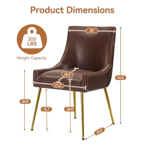 Faux Leather Dining Chairs Set of 4, Gold Legs Accent Kitchen Chairs, Brown | Mid Century Modern Chairs with Gold Pull Handle, Upholstered PU Leather Chairs for Dining, Kitchen, Living Room, Restaurant - color: Pu-brown, size: Set of 4