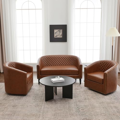 KINWELL 50" Faux Leather Loveseat Sofa with 2 Swivel Barrel Chairs, Brown | PU Upholstered Tufted Minimalist 2-Seater Couch Sofa and Set of 2 Vegan Leather Swivel Armchairs for Small Spaces Apartment - color: Saddle Brown, style: 2 Chairs + Loveseat
