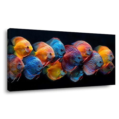 ZESTRILIA Colorful Discus Fish Canvas Wall Art, Vibrant Tropical Fish Print, Luxurious Coastal Ocean Wildlife Modern Home Wall Decor for Living Room Bedroom Office (40x20 Inch) - color: Blue Colorful Discus Fish