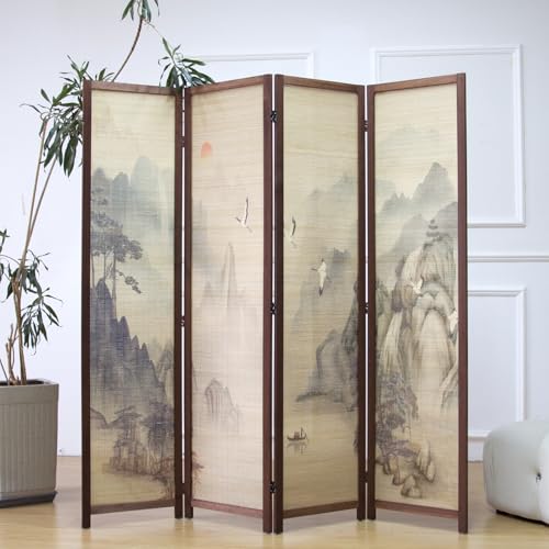 4 Panel Bamboo Room Divider, 5.6 ft Tall Double-Sided Folding Privacy Screen, Premium Thickened Wood Frame with Mountains and Waters Landscape for Home Office (67" H x 63" W) - color: Mountains and Waters, size: 4 Panel