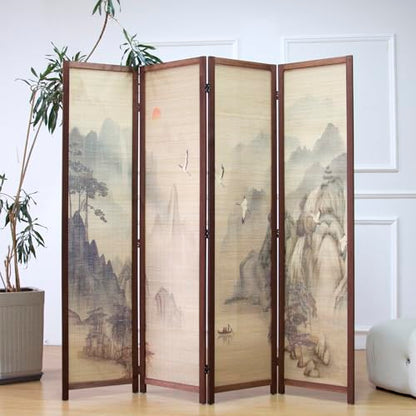 4 Panel Bamboo Room Divider, 5.6 ft Tall Double-Sided Folding Privacy Screen, Premium Thickened Wood Frame with Mountains and Waters Landscape for Home Office (67" H x 63" W) - color: Mountains and Waters, size: 4 Panel