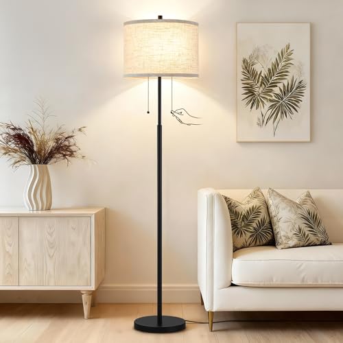 Luvkczc Floor Lamp, 62" Standing Lamp Tall Lamp with Fabric Lampshade&Pull Chain Corner Floor Lamps for Living Room, Bedroom,Office, 2 Bulb Socket - color: Black-01