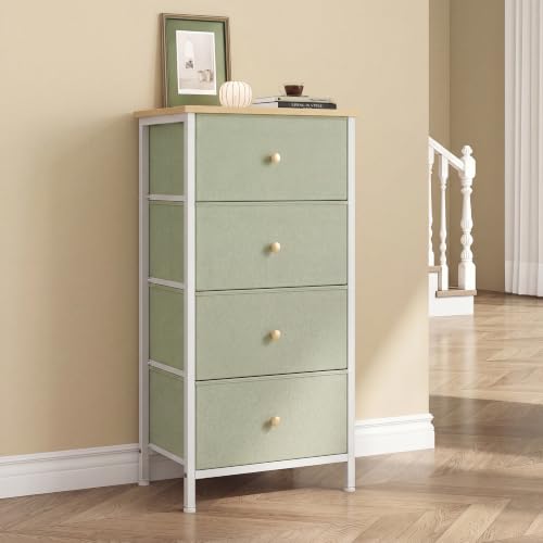 DUMOS Nightstand, Bedside Table with 4 Fabric Drawers | Night Stand with Removable Bins, Steel Frame Wood Top, Small Dresser for Bedroom Closet, Living Room, Light Green - color: Light Green, size: 11.8"D x 17.7"W x 37.4"H (4 Drawers)