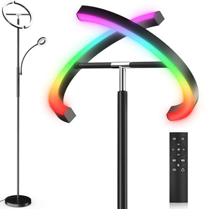 Upgraded RGBCW Floor Lamp with Reading Lamp, Rotatable Remote Control LED Standing Lamp Dimmable Floor Light Modern Standing Light for Living Room Bedroom Home Office, 36W, Black - color: RGB (Red, Green, Blue)