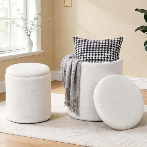 oakvivo Round Set of 2 Ottoman with Storage, Boucle Storage Ottoman Foot Stool, Soft Teddy Upholstered Small Vanity Stool, Ottomans Padded Seat Foot Rest for Living Room Bedroom, White - color: White