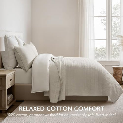 EVERGRACEHOME 100% Cotton Modern Lines Quilt Set Queen Size, Birch | Pre-Washed Soft Cotton, Striped Coverlet Bedspread, 3 Piece Lightweight Bedding Set for All Season, with 2 Pillow Shams - color: Birch, size: Full/Queen (92" X 92")