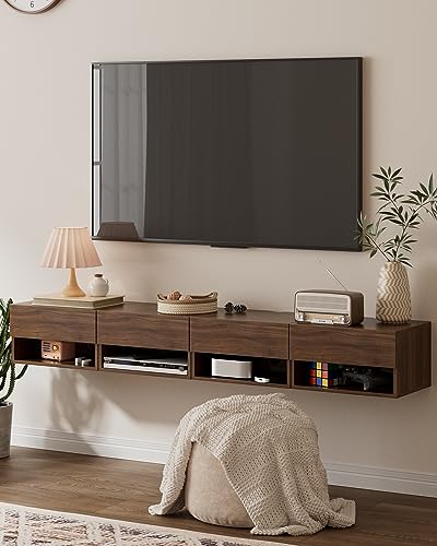 Modern Walnut Floating Nightstand with Drawer, Small Wall Mount Shelves | Small Space Saver, Modern Minimalist Design, Wall Mounted Shelves, for Bedroom, Bathroom, Living room, Easy Assembly, Walnut - color: Brown Walnut