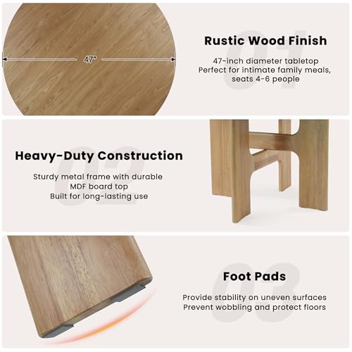 HNY Round Wood Dining Table, 47 Inch, Natural Oak | For 4-6 People, Pedestal Base, Modern Circle Design, Farmhouse Style, for Dining Room, Restaurant, Apartment