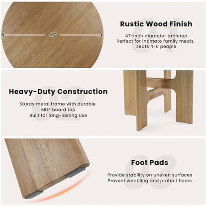HNY Round Wood Dining Table, 47 Inch, Natural Oak | For 4-6 People, Pedestal Base, Modern Circle Design, Farmhouse Style, for Dining Room, Restaurant, Apartment