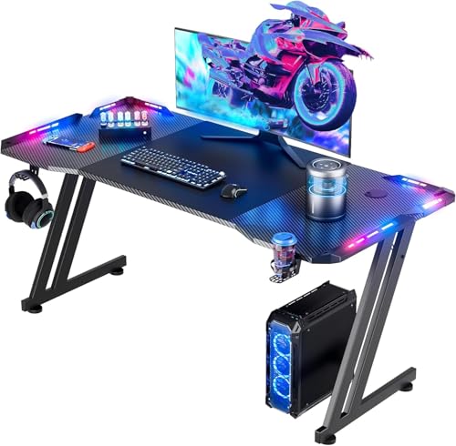 HLDIRECT 47 Inch Gaming Desk with App-Controlled RGB LED Lights, Black | Z-shaped frame design, cup holder, headphone hook, cable management & mouse pad, for dual-monitor gaming and work setup - size: 47 INCH BLACK
