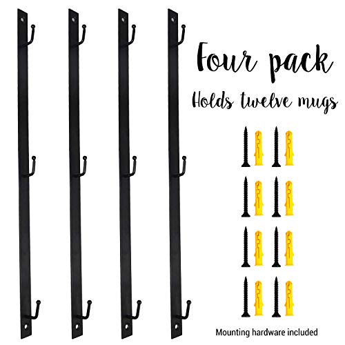 Coffee Mug Rack Wall Mounted, Set of 4 Holds 12 Mugs - Metal Mug Holder for Wall & Coffee Cup Hanger for Kitchen & Coffee Bar, Space-Saving, Rust-Resistant, Easy to Install - style: Straight