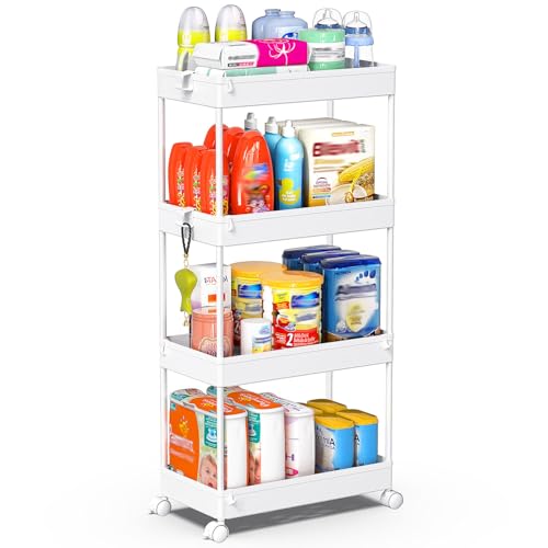 SPACEKEEPER 4 Tier Rolling Cart, Bathroom Cart Organizer with Wheels, White | Mobile Storage Cart for Laundry Room Organization,Kitchen,Office,Bathroom, Utility Cart for Snack,Craft,Art,Makeup,Nail,Toys - color: White, size: 4 Tier