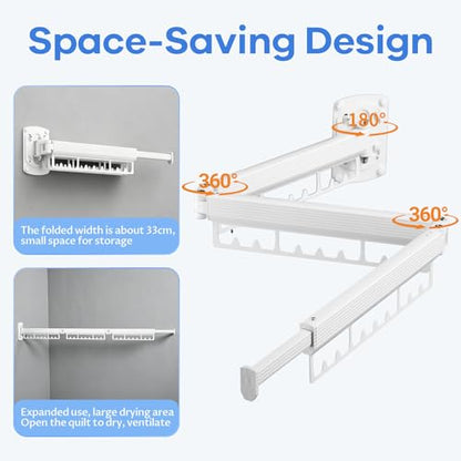 Foldable Wall Mounted Laundry Drying Rack, 3 Fold Retractable Clothes Drying Rack, Durable Clothing Hanger Rack for Laundry Room, Balcony, Bathroom (White) - color: White