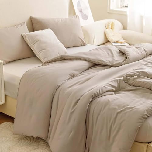 Nanko Tan Queen Size Duvet Cover Set, Luxury Microfiber Comforter Quilt Bedding Cover with Zip Closure Ties - Modern Farmhouse Style for Men and Women Chambray Teen, 3pc 90 x90, Taupe Brown Khaki - color: Tan, size: Queen
