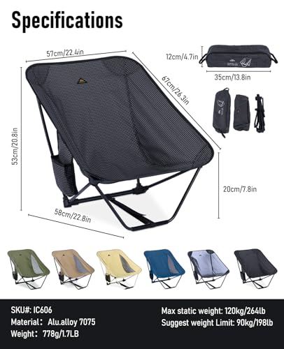 Low Ultralight Compact Folding Chair (Black Grid) | with Side Pocket and Carry Bag, for Camping Backpacking Hiking - color: Black Grid