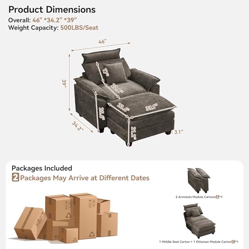 46''Cloud Oversized Sofa Chair with Detachable Headrest, Upholstered Comfy Arm Accent Chair with Ottoman,Modern Chenille Reading Lounge Armchair for Living Room,Bedroom, Brown - color: Brown, size: Oversized Chair with Ottoman