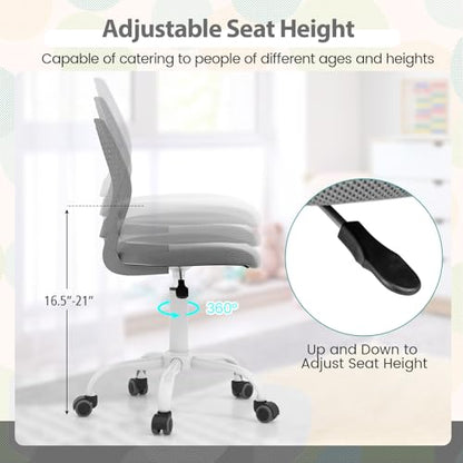 POWERSTONE Small Home Office Desk Chair, Swivel Rolling Study Computer Chair, Adjustable Height Task Chair with Armless Mid Back, Upholstered Mesh Seat, Grey - color: Grey