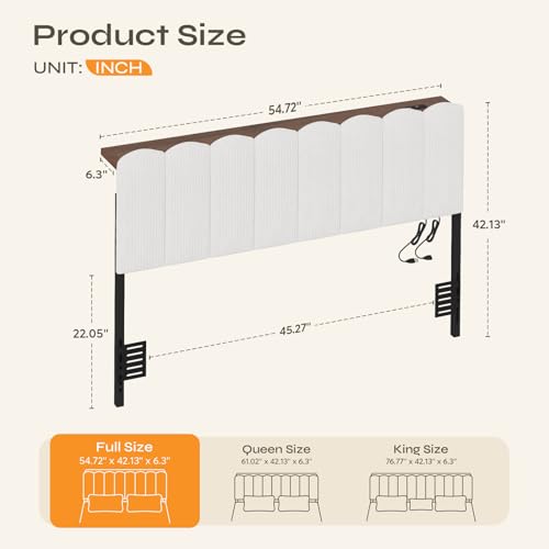 Full LED Light Headboard with Storage Shelf, White | RGB LED 20 colors 21 modes, remote control, scalloped tufted, USB-A & Type-C ports, storage shelf, adjustable, foam padded - color: White, size: Full