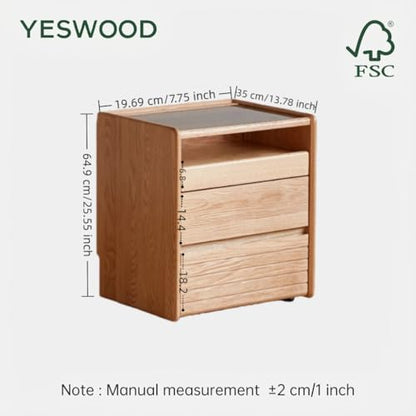 Solid Oak Nightstand with Hidden Drawers, Natural Wood Night Stand with Wheels, Rolling Bedside Table with Glass Tabletop and Open Shelf, Modern Nightstand for Bedroom, Living Room(25.59" H) - color: Natural, size: 1 pc(13.78"D x 19.69"W x 25.59"H )