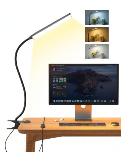 Eye-Caring Adjustable LED Reading Clamp Desk Lamp with 48 LEDs Flexible Neck, 3 Color Modes & 11 Brightness Levels for Office Bedroom Study (Black) - color: Carbon Black