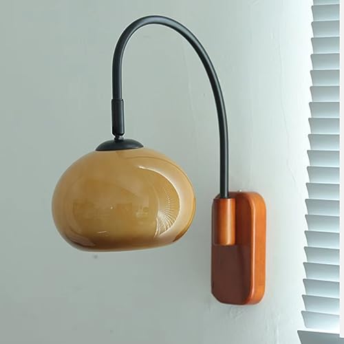 Modern Decoration Wall Sconce Mid Century with White Milk Glass Vintage Industrial Wood Wall Light Hardwired Smoke Grey Amber Farmhouse Reading Wall Lamp for Bedroom Living Room Bedside - color: Amber