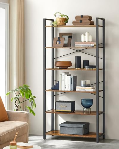 VASAGLE 6-Tier Bookshelf with Steel Frame, 31.5 x 11.8 x 72.6 Inches | Book Shelf, Modern Basic, Living Room, Home Office, Study, Rustic Brown and Matte Black, BARNET Collection ULLS082B01 - color: Rustic Brown + Ink Black, size: 6 Tiers (11.8"D x 31.5"W)