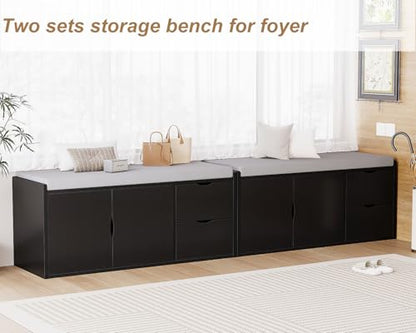 LVB 2-Tier Storage Bench with Padded Seat Cushion Shoe Bench with 2 Drawers | Removable Barn Doors & Adjustable Shelf, Industrial Shoe Bench for Hallway, Bedroom, Living Room,Black Oak, 40 Inch - color: Black Oak
