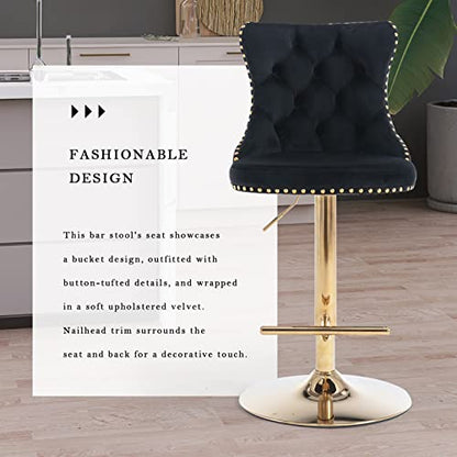 Velvet Bar Stool Set of 2, Adjustable Swivel Bar Stools with Gold Plated Metal Leg, Button Tufted, Footrest, Chrome Nailhead, Counter Height Chair for Kitchen, Bar, Dining Room (Black) - color: Black-gold Leg, size: Set of 2
