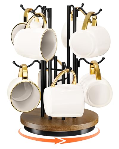 8-Hook 360° Rotating Large Coffee Mug Tree for Counter, Wood Base, Brown | 360° rotation, 8 mugs (12-16oz), 5.7" spacing, anti-slip, metal/wood, stable. - color: Black Walnut