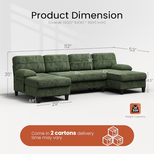 U-Shaped Sectional Couch for Living Room, 112" Sectional Sofa with Chaise | Modern Sofa Deep Seat Couches for Living Room, Apartment, Office, Green - color: Green