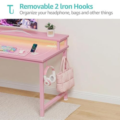 Lufeiya Small Girls Desk with Power Outlets and LED Lights, 32 Inch Gaming Desk Table with Charging Station, Home Office Computer Desks with Monitor, Pink - color: Pink, size: 31.5"