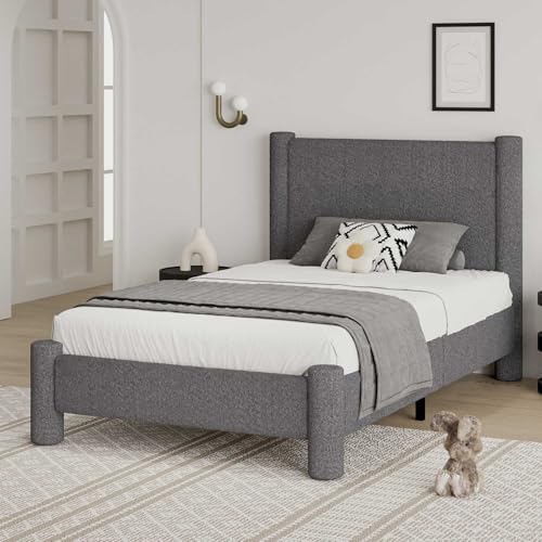 REVOMINCA Twin Boucle Bed Frame with Headboard & Footboard, Dark Grey | Upholstered platform frame has soft rounded corners, requires no box spring, and is easy to assemble. - color: Dark Grey, size: Twin